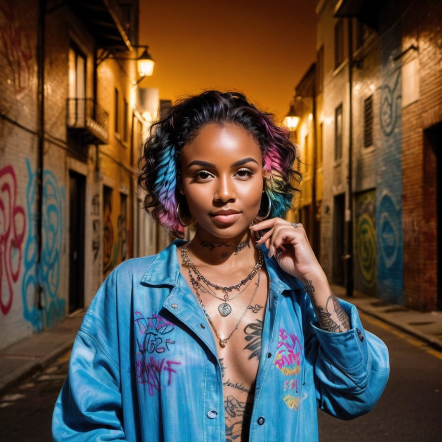 Punk style woman, graffiti alley, intricate details, noir vibe.