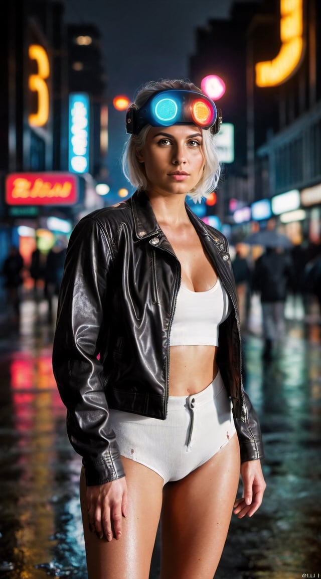 Cyber-enhanced woman, cyberpunk cityscape, neon lights, intense, cinematic.