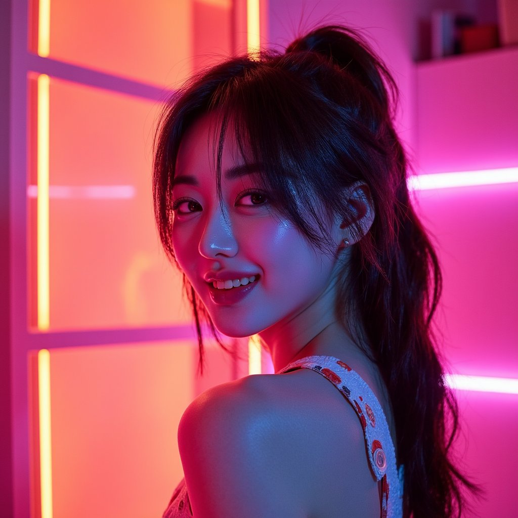 woman with a bold, joyful presence, styled with a colorful pop aesthetic. The lighting is soft and luminous, filled with warm pink hues and subtle neon glow. Her look reflects youthful creativity and effortless cool. The background includes retro-inspired textures and minimal geometric elements. Hyper-detailed, bright tones, expressive mood, high clarity.