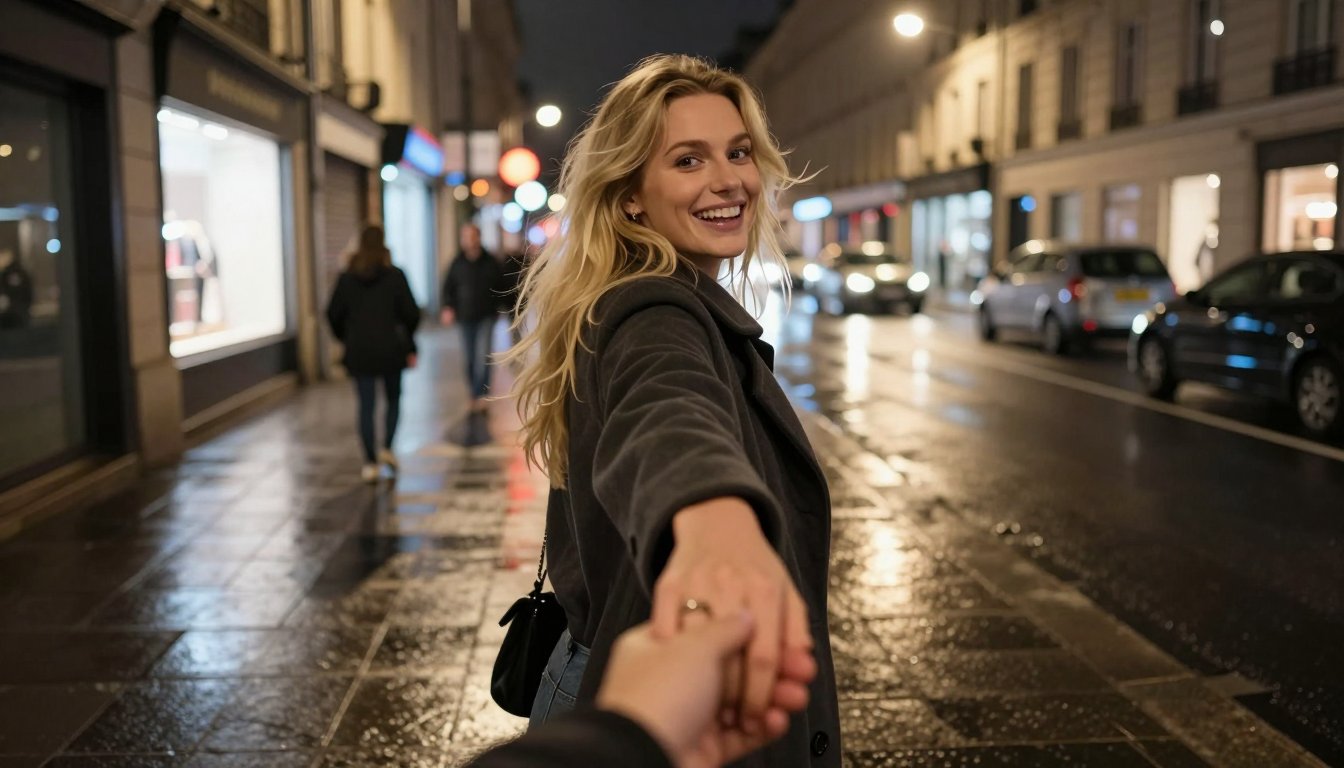 A candid, ultra-realistic nighttime street photo of a young blonde woman smiling excitedly while holding the viewer’s hand and leading them forward.
She is wearing a dark oversized coat and jeans, hair loose and slightly wind-blown.
The camera perspective is first-person, arm extended, hand-holding visible in the foreground.
Scene takes place on a wet European city street at night, with glowing shop lights, street lamps, reflections on the pavement, and soft bokeh from cars and pedestrians in the background.
Natural motion blur, handheld smartphone photo feel, authentic street photography, spontaneous moment, not posed.
Real skin texture, natural lighting, no beauty filters, no studio look.
Shot on a wide-angle lens, shallow depth of field, cinematic but realistic, Instagram-style candid travel photo.