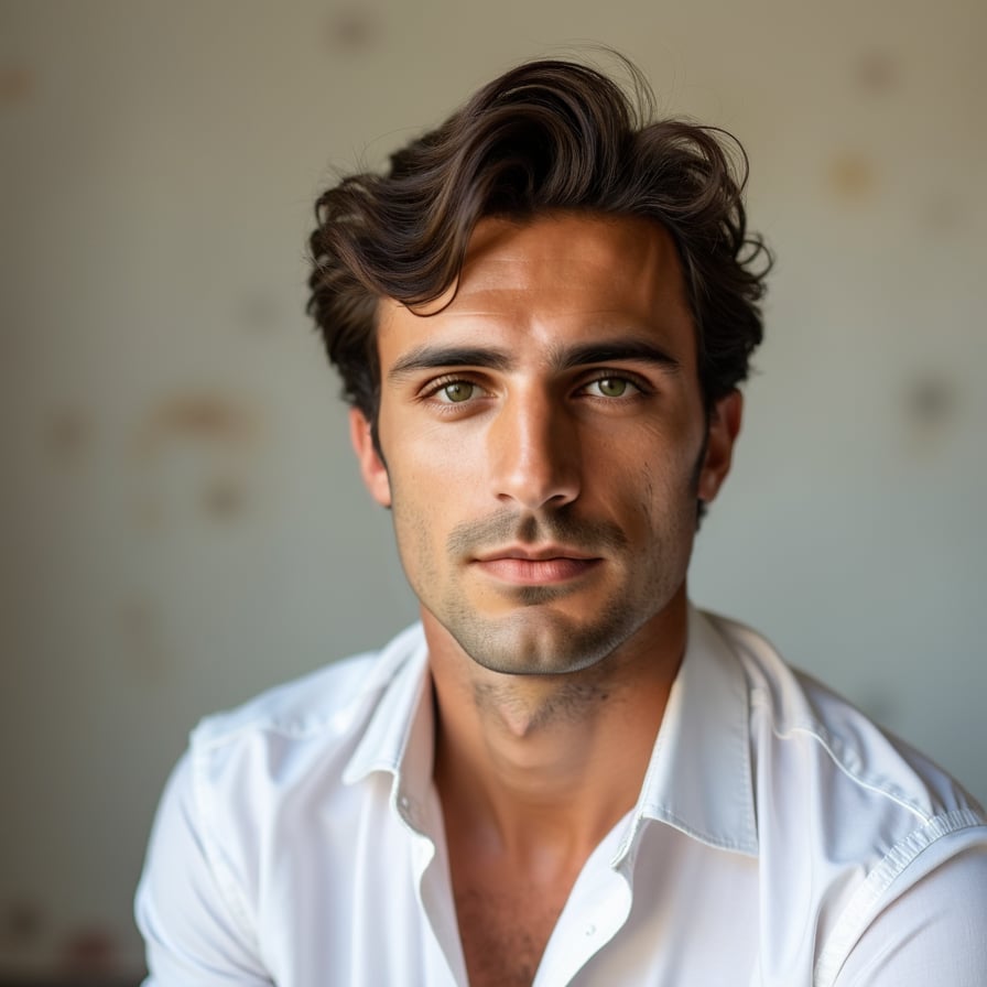 man in timeless attire, such as a crisp white shirt or a blazer. He is posed against a neutral or softly textured background, with natural lighting bringing out his features. His expression is composed and confident, perfect for a profile that stands the test of time