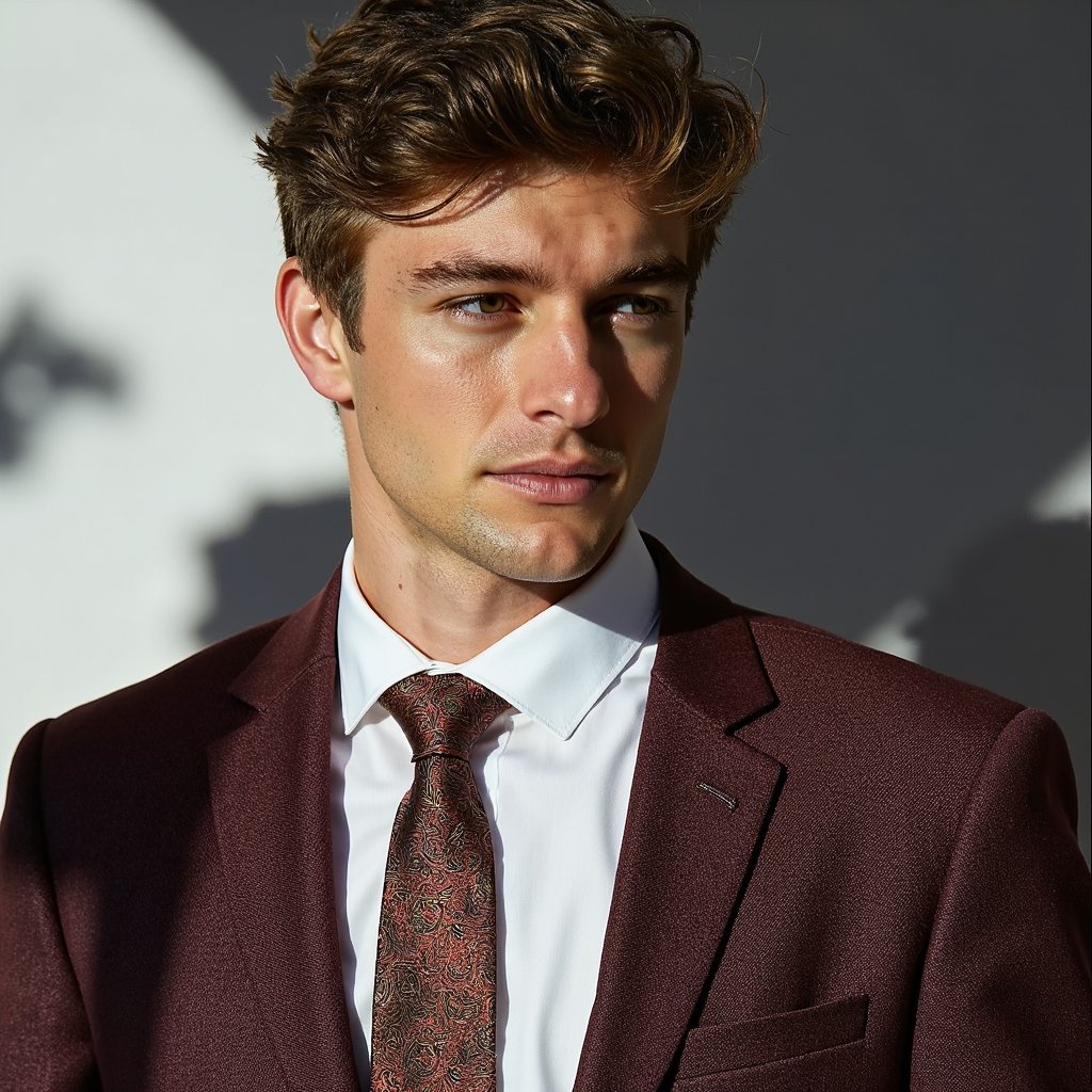 close up of a man wearing an impeccably tailored, luxurious formal suit and a complementary silk tie. The scene is set against a solid, high-contrast studio backdrop that makes the subject stand out dramatically. Photographed with professional studio lighting, HDR, creating a perfect balance of highlights and shadows that sculpt his facial features. The suit fabric shows subtle, intricate textures, and the silk tie has a delicate pattern. His hair is perfectly styled, and his expression is one of calm, confident professionalism. Hyper-detailed, sharp focus, stunning clarity.