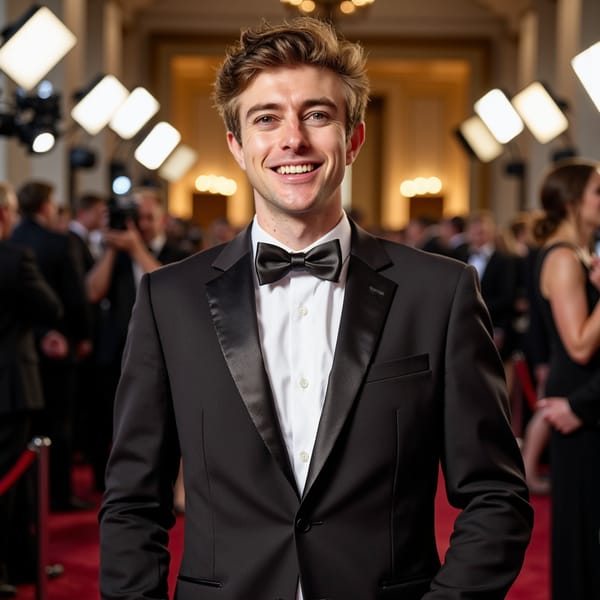 A distinguished male actor posing on the Academy Awards red carpet, captured in a waist-up portrait with a straight-on camera angle for a classic editorial look. He is dressed in a perfectly fitted black tuxedo with a satin lapel, white dress shirt, and black bow tie, fabric showing realistic folds and texture. Hair is neatly styled with a subtle side part, natural volume, and a clean finish. Facial features are sharp with realistic skin texture, visible pores, light stubble, and natural imperfections for authenticity. Lighting is balanced red carpet lighting with soft frontal illumination and gentle highlights along the jawline and shoulders. Background is softly blurred with golden ambient lights, camera flashes, and the iconic awards event atmosphere. Composition is centered and symmetrical, cinematic color grading, professional exposure, sharp focus, realistic depth, highly detailed, highly realistic, HDR quality.