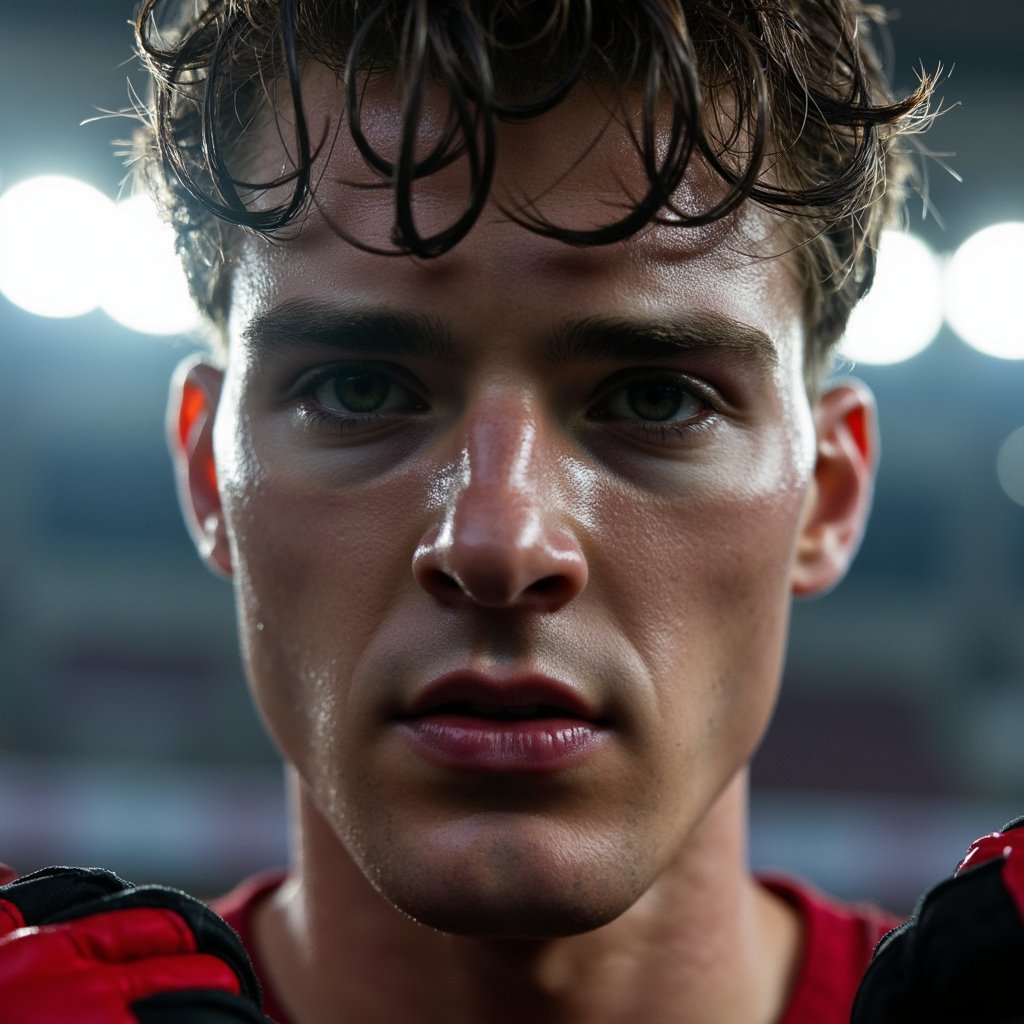 Close-up portrait of a male sprinter with clenched jaw and racing gloves on, under tunnel lights before entering the arena — raw pre-race energy