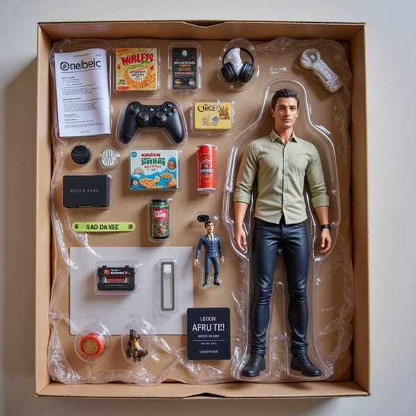 Man with gaming controller, headphones, instant noodles, and a messy desk vibe