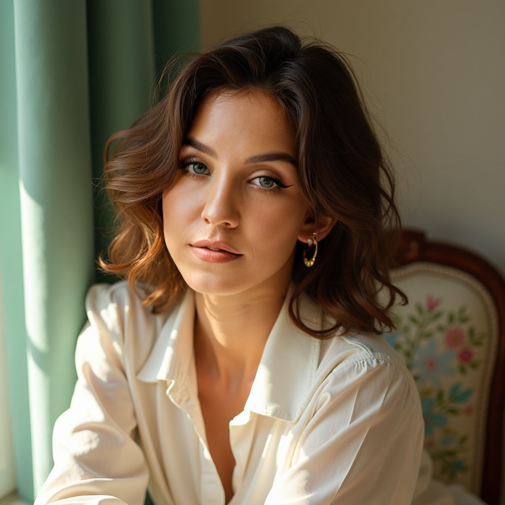 A vintage fashion photoshoot of an attractive woman in the style of Vogue, and a white blouse under natural lighting with soft shadows and pastel colors. The photo was shot with a Canon EOS R5 camera and received professional color grading, and depth of field., cinematic, cinematic lens flare, high quality., high resolution photography, in a candid pose, in the style of cinematic light, looking at the camera, natural skin texture, resembling magazine photography., soft focus, ultra detailed, warm tones