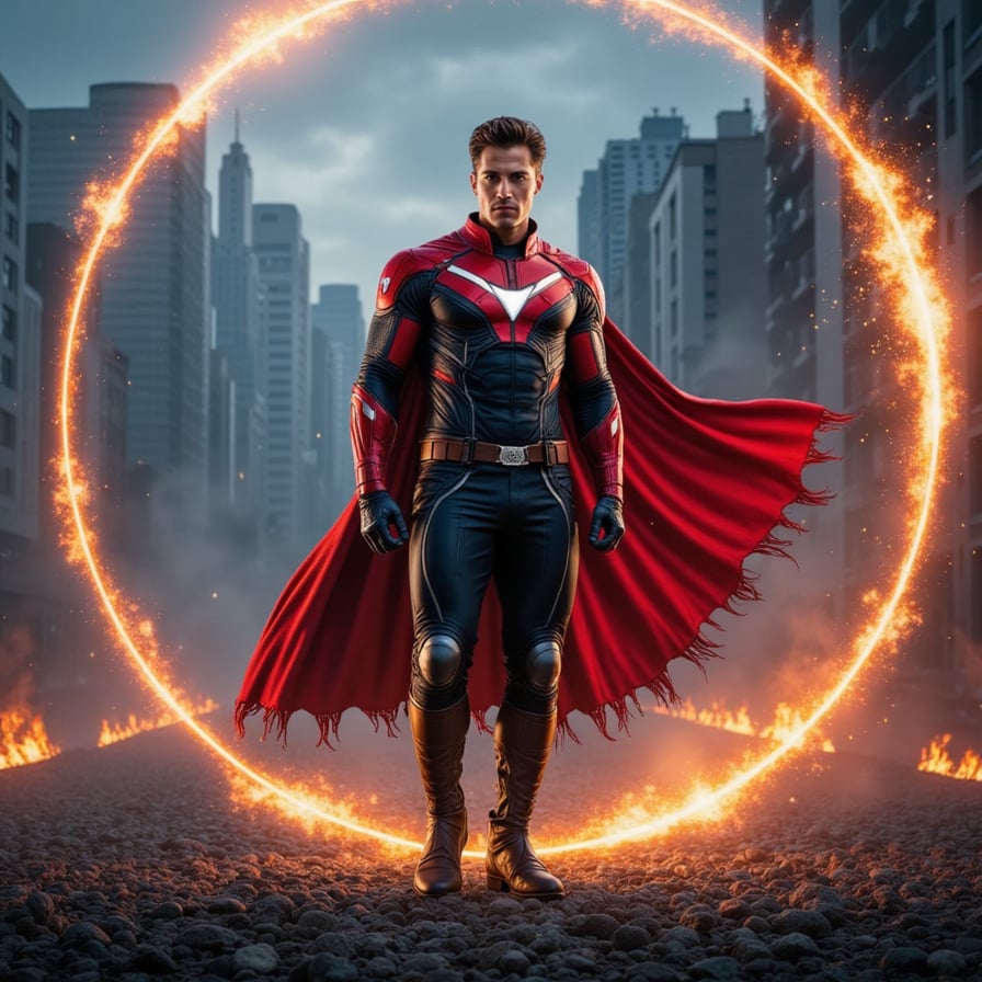 Heroic New Avenger male, wielding a glowing energy weapon, torn cape flowing in the wind, surrounded by chaos and fire, intense expression, ultra-detailed, hyperrealistic 8K render