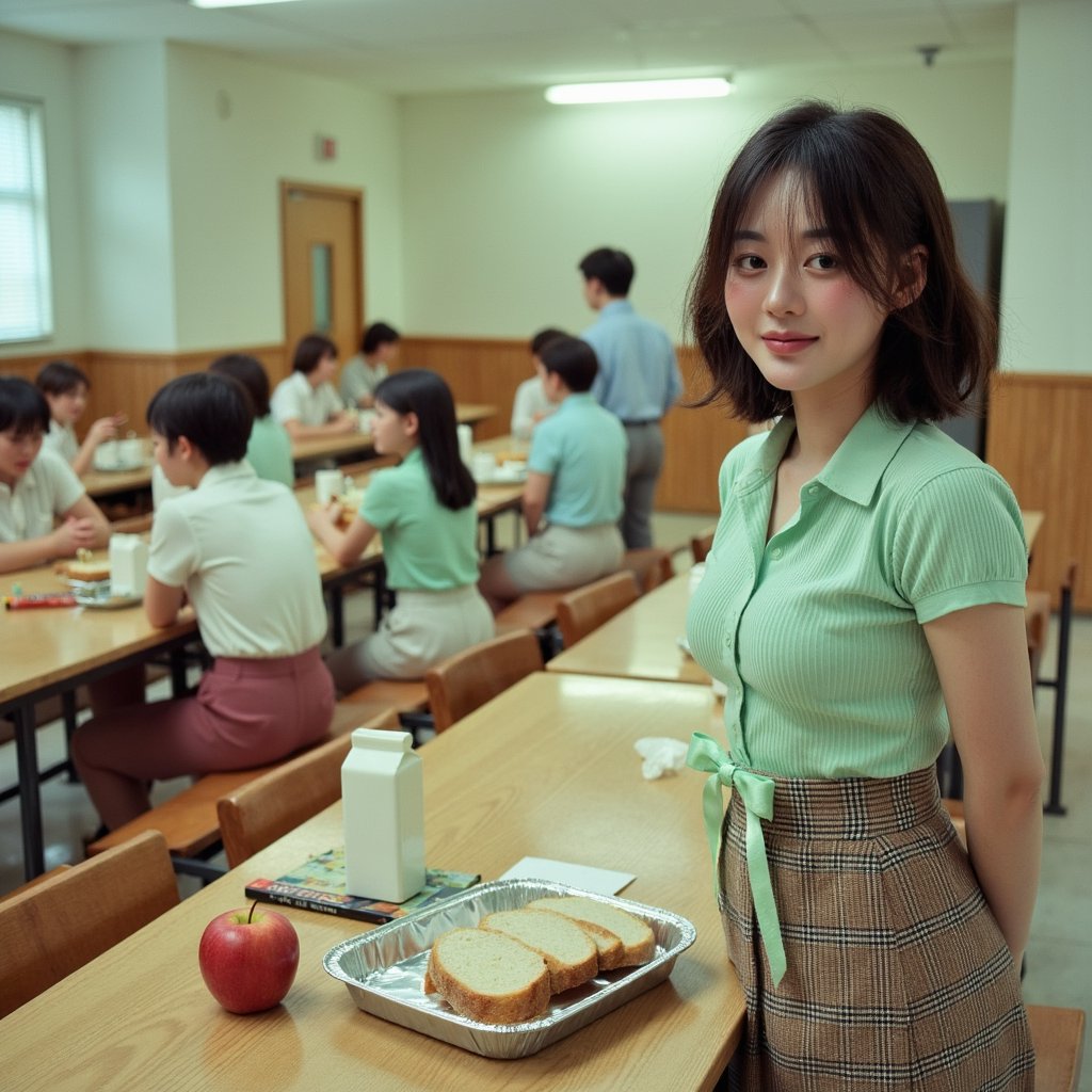 Highly realistic 1960s cafeteria scene, centered on a girl seated at a long wooden lunch table, captured from an overhead angle with a 28mm lens. She wears a mint green short-sleeved blouse in crisp cotton with faint vertical stripes, tucked into a high-waisted plaid skirt in muted browns and blues. Fabric creases naturally at her waist and elbows, with faint thread irregularities visible in close detail. Her hair is styled in soft shoulder-length curls with a satin ribbon tied in a bow at the back. Skin tone is even with a natural flush across her cheeks, dimples visible as she smiles at someone off-frame. On the table in front of her: a vintage aluminum lunch tray with neatly arranged sandwich, apple, and milk carton, all rendered in high detail. Background is a soft blur of other students and benches, overhead fluorescent light reflecting subtly off the polished tabletop.