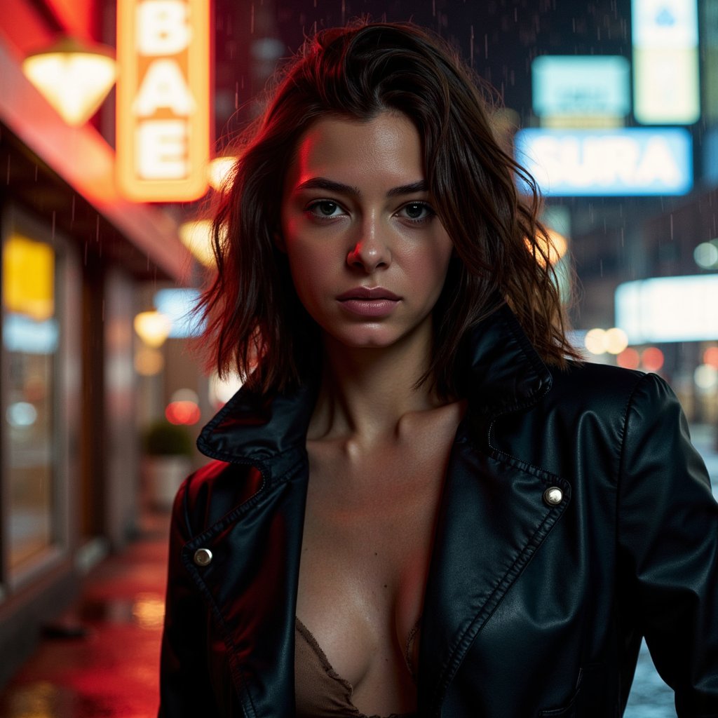 A cinematic neo-noir portrait of a woman (late 20s) standing under light rain at night, tight head-and-shoulders close-up, camera slightly below eye level for subtle power. She has wet, wavy shoulder-length hair with a few strands stuck to her cheek, natural skin texture with visible pores, faint under-eye texture, and a calm, intense gaze looking just past the lens. Wardrobe: black leather trench coat with realistic creases, subtle water droplets beading on the surface, inner collar lined with dark satin. Lighting: single strong neon sign key light from camera-left (cool tone), soft warm rim light from behind, rain catching highlights; background is a blurred city street with bokeh signage and minimal shapes only, no readable text. Camera: 85mm lens, f/1.8, shallow depth of field, gentle film-grain feel, crisp eyelashes, sharp catchlights, realistic color separation. Mood: slick, dramatic, quiet tension. Highly detailed, highly realistic, HDR quality, cinematic color grading, minimal background clutter.
