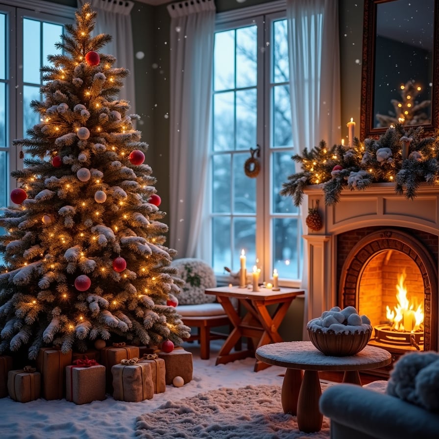 A cozy, snow-covered scene featuring a beautifully decorated Christmas tree, a warm fireplace glowing in the background, a festive dining table with candles, and soft snowflakes gently falling outside. 
.