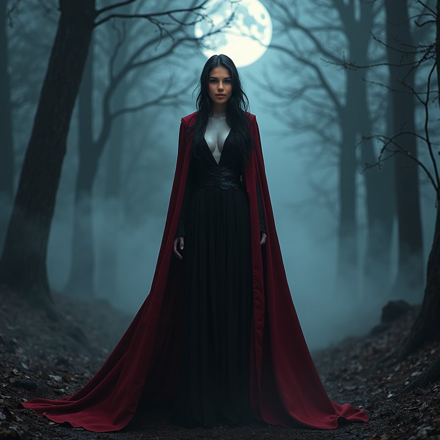 Portray a mysterious vampire woman wandering through a misty forest at night. She has porcelain skin, deep red lips, and wears a long, crimson cloak that billows behind her. Her eyes glow faintly in the darkness, and she seems to move silently through the trees. The forest is filled with fog, and the pale moonlight filters through the branches, casting an eerie glow.
