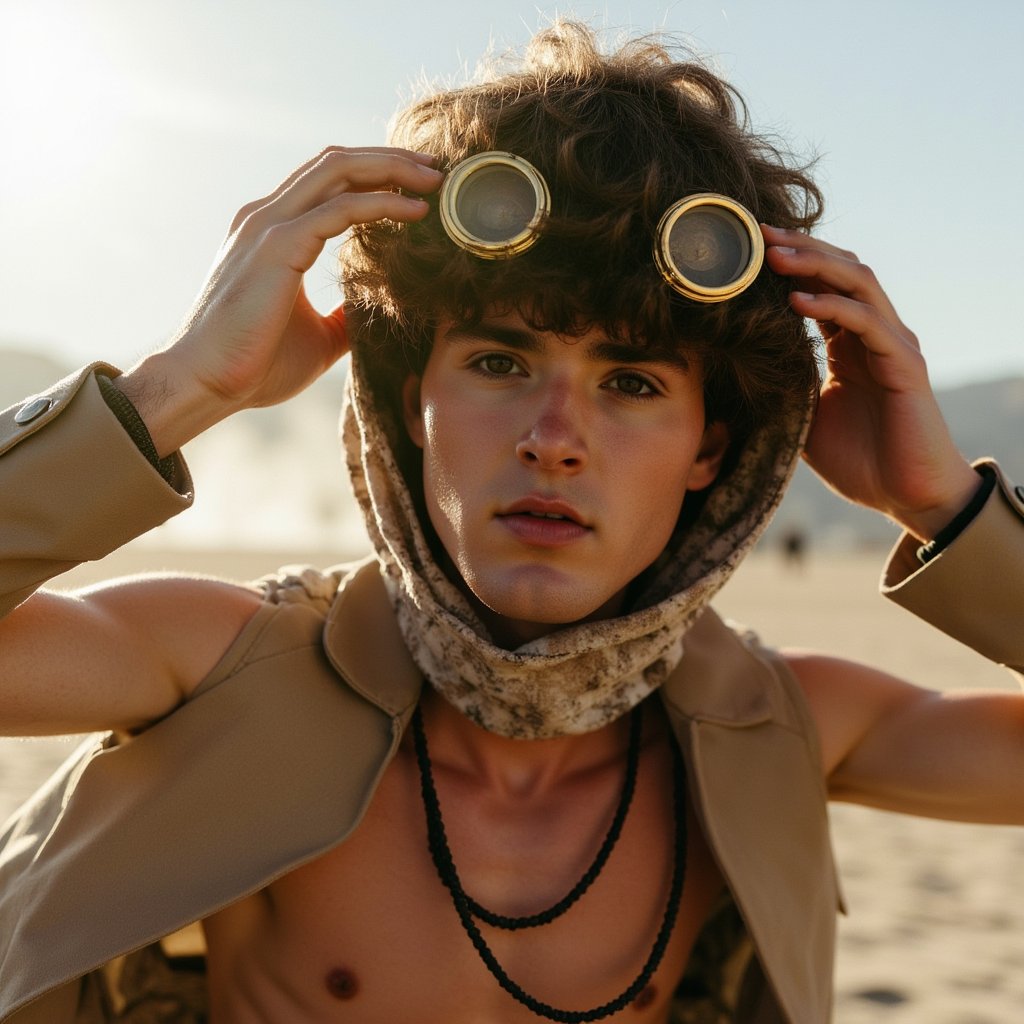 Knee-up portrait of a man in steampunk desertwear, layered fabrics and goggles, confident stance, haze in background, Burning Man 2025 theme