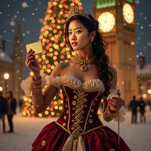 woman in intricately detailed, Victorian-inspired attire, featuring clockwork gears embedded in her corset and skirt, holding golden pocket watch in one hand, glittering gift card in the other, radiating warm, festive glow, against grand clock tower backdrop striking midnight, gift card shining with promise of perfect Christmas, surrounded by twinkling holiday magic filling the air.