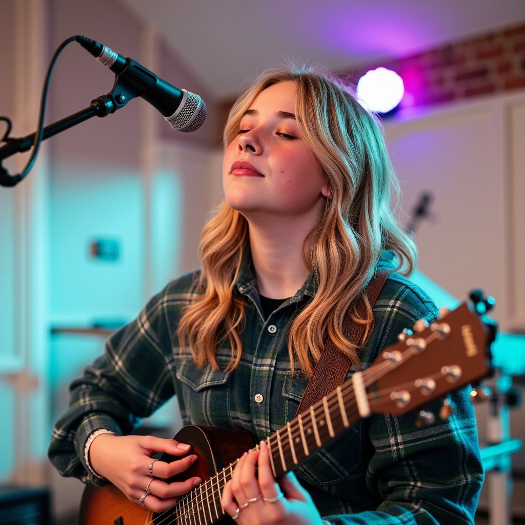 Portrait of an indie singer mid-song, eyes closed, gentle expression, soft stage spotlight on face, wearing plaid shirt with guitar strap visible — Ed Sheeran Play vibe