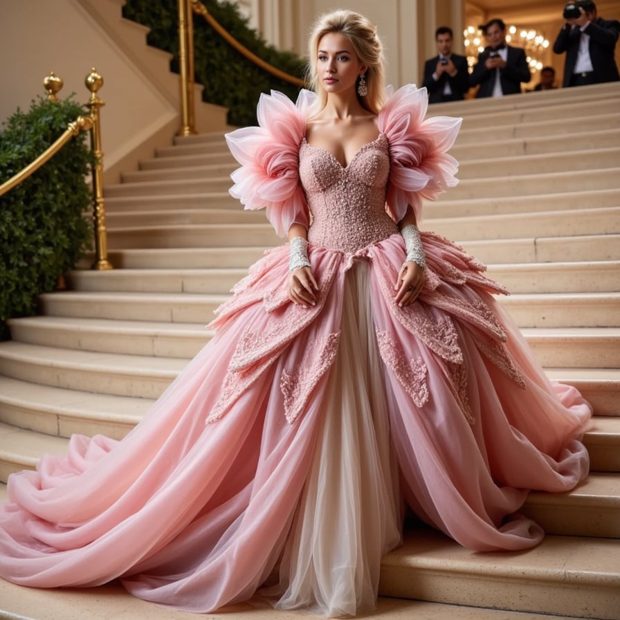 A floral explosion gown for Met Gala: oversized rose petals forming the dress structure, pastel gradients, and a butterfly-winged veil