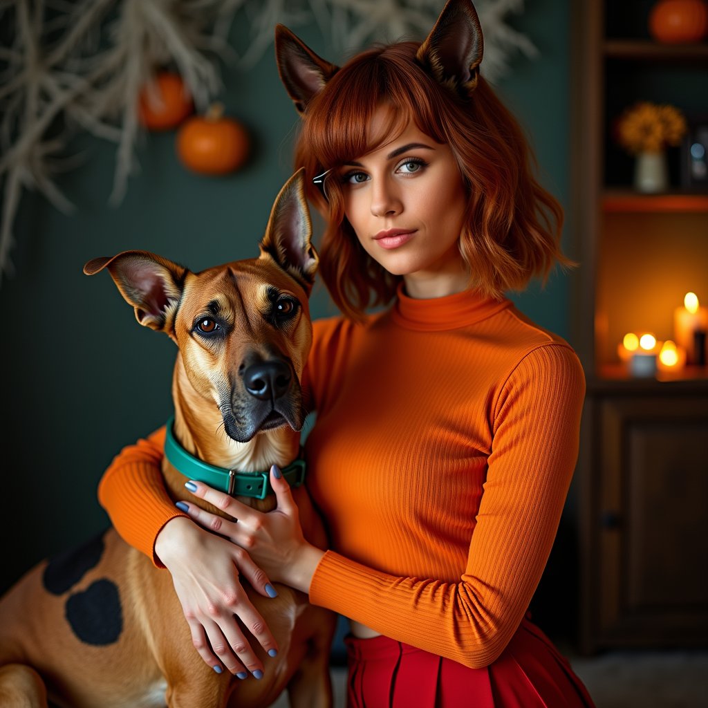 Woman dressed up like Velma from Scooby-Doo in a seductive Halloween costume. Wearing signature orange turtleneck sweater and red pleated skirt, with a form-fitting, stylish twist to accentuate her curves. Wearing round spectacles, giving her a smart yet alluring look, and a slightly tousled hairstyle for a playful charm. Halloween theme setting with subtle spooky details in the background, such as cobwebs, pumpkins, or dark lighting - MAKE SURE TO HAVE HER WEAR GLASSES

Posing with her dog, Great Dane breed, brown with black spots and sea green collar, who resembles Scooby Doo itself