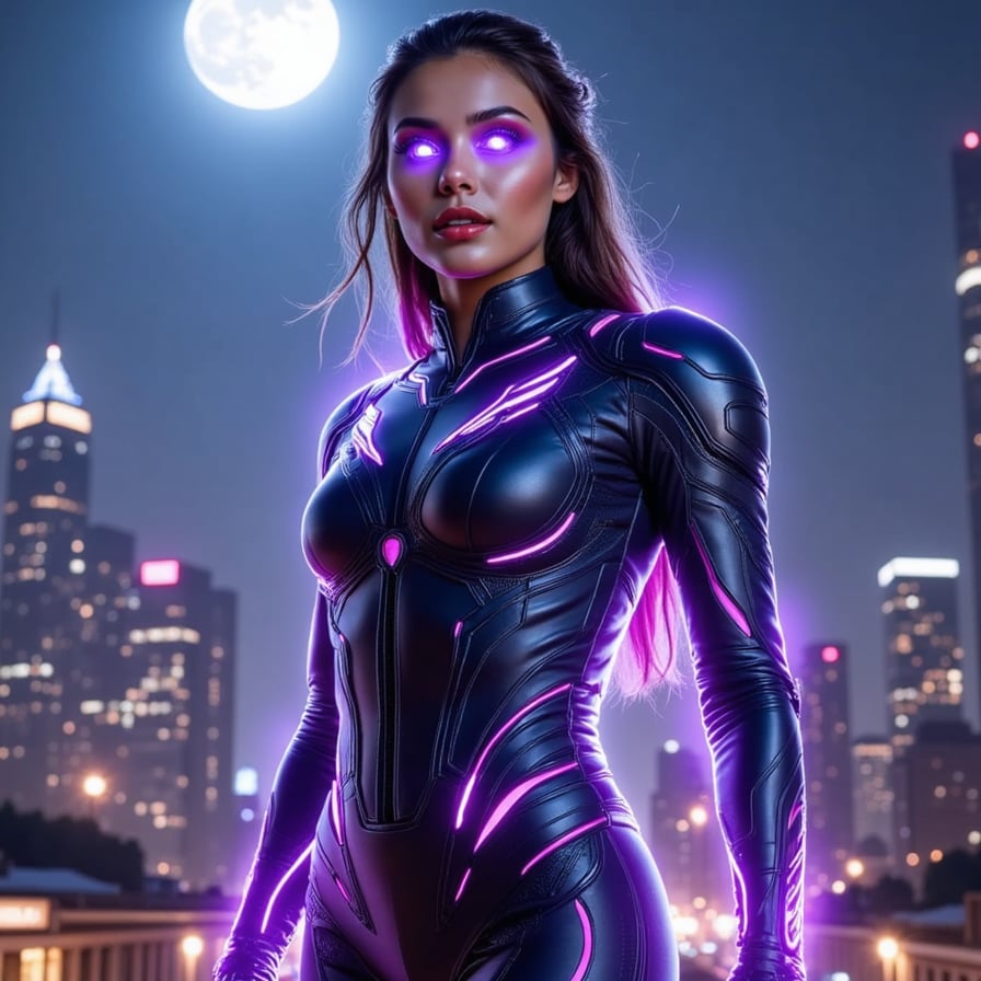 Futuristic female Avenger soaring above a neon-lit city at night, glowing eyes, sleek aerodynamic armor with violet energy trails, moonlight reflecting off her suit, motion blur, Marvel poster style, ultra-detailed