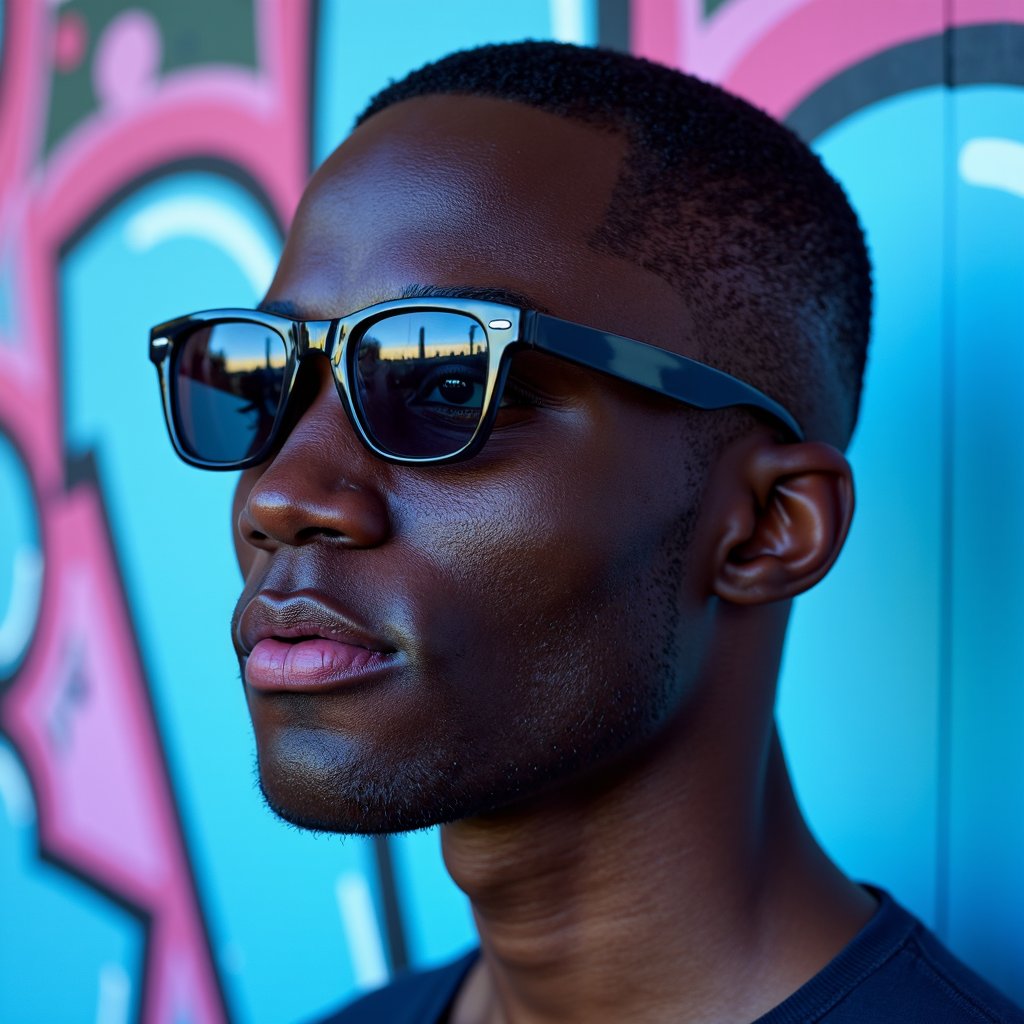 Tight headshot of a male model wearing reflective black sunglasses, slight facial stubble, and glossy skin. Standing against a neon graffiti wall softly blurred. Side-lit in blue and pink hues. Wet skin highlights visible, realistic stubble and facial pores captured sharply.