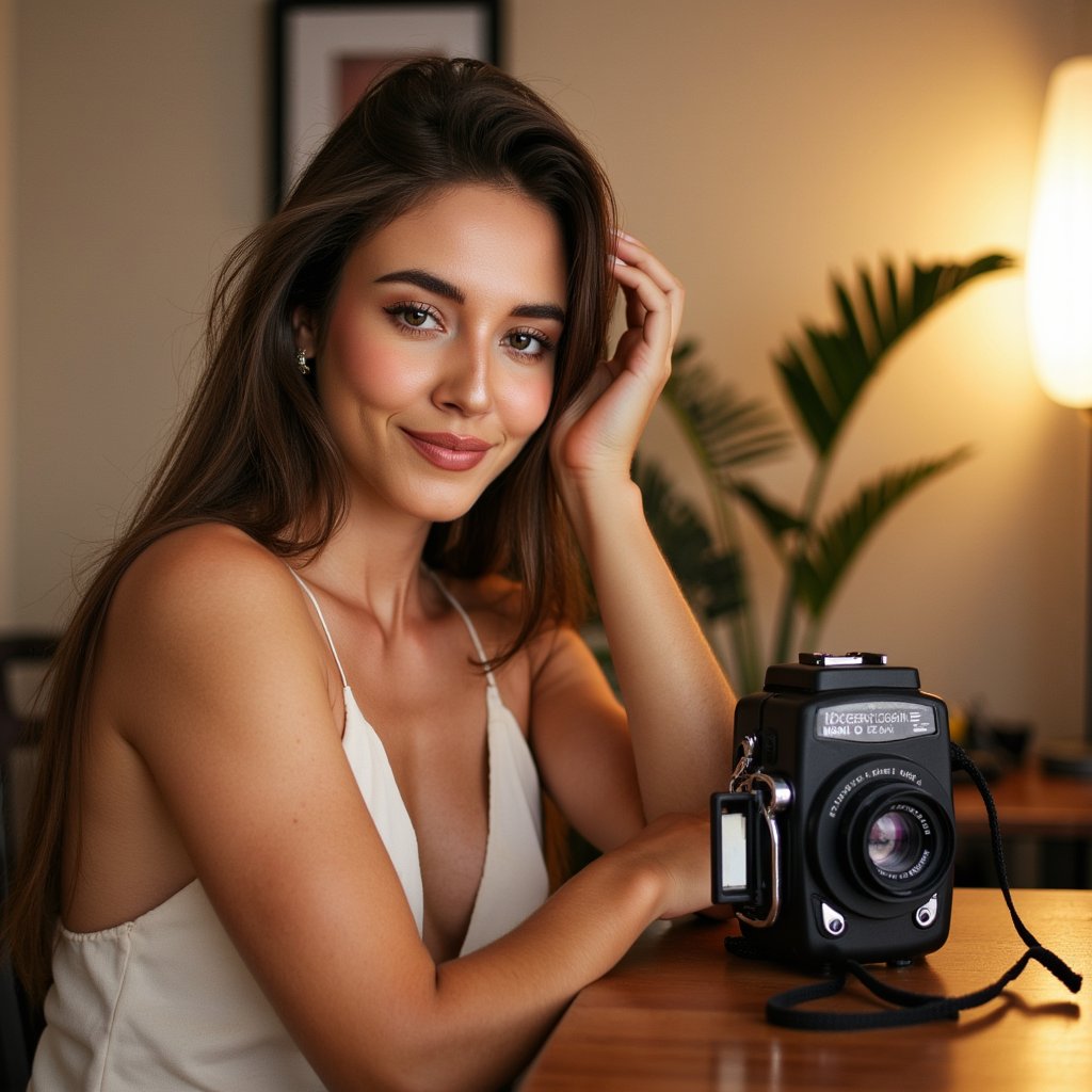 Cinematic headshot of a creative woman with a vintage film camera, soft golden backlight, candid smile, artistic tribute for World Photography Day