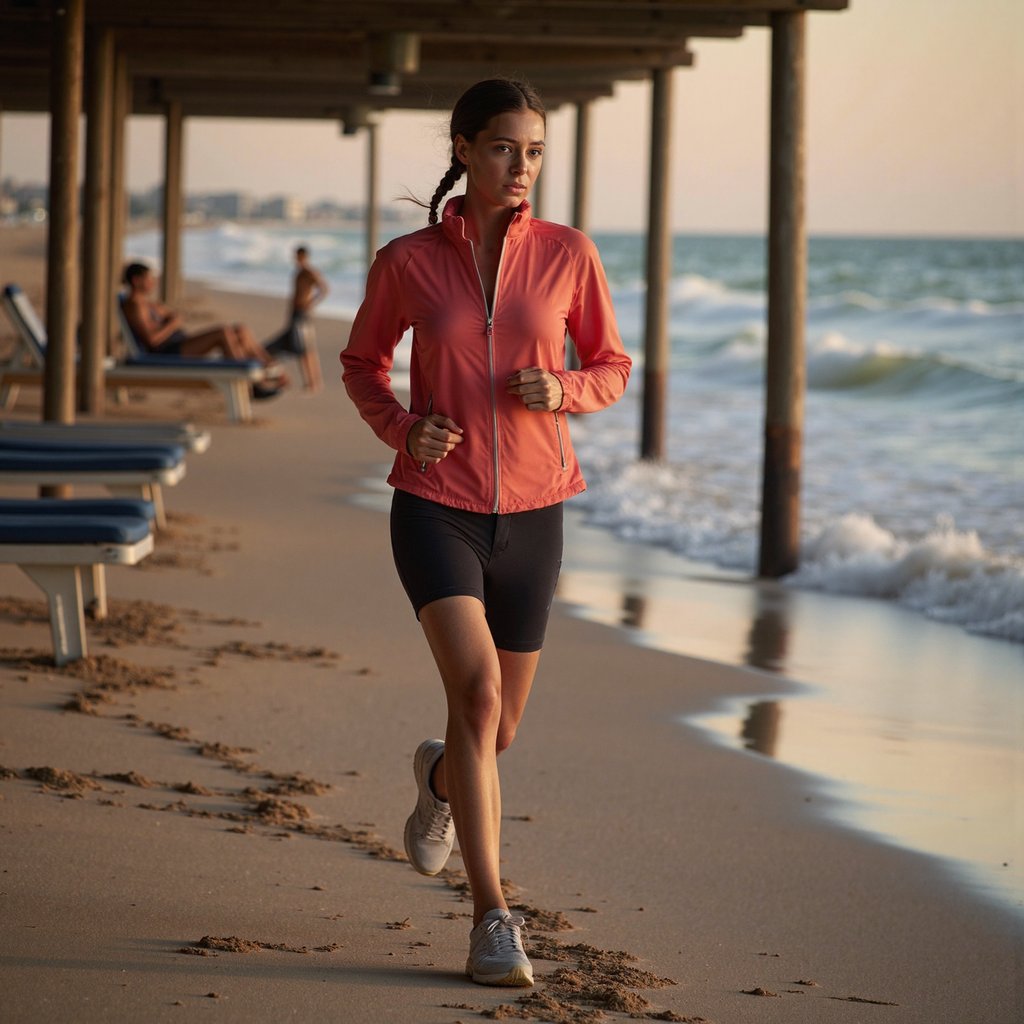 Woman sprinting along compact sand near the shoreline at golden hour; braided ponytail swept back, determined gaze; lightweight coral windbreaker (matte ripstop micro-creases), black compression shorts, knit mesh running shoes; side-on composition at hip height, 85mm, f/2.8, 1/1600, ISO 200 to freeze stride; warm backlight from low sun creating rim along arms and calves, sky fill cooling shadows; background: gentle waves and horizon rendered with soft blur, minimal clutter; visible details: zipper pulls, reflective piping, shoe tread sandy dusting, fine facial pores; highly detailed, highly realistic, HDR