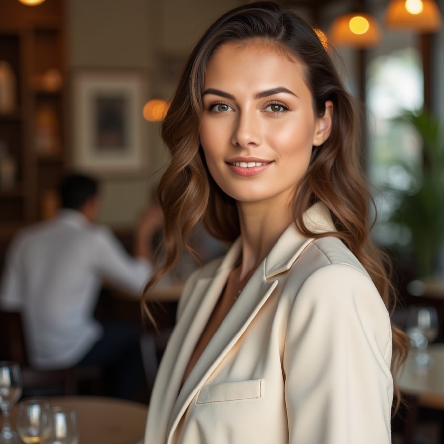 woman styled in a classy dress or blazer, with her hair neatly styled and subtle makeup. The background is an upscale indoor setting or softly blurred cityscape. Her expression is poised and confident, reflecting elegance and allure