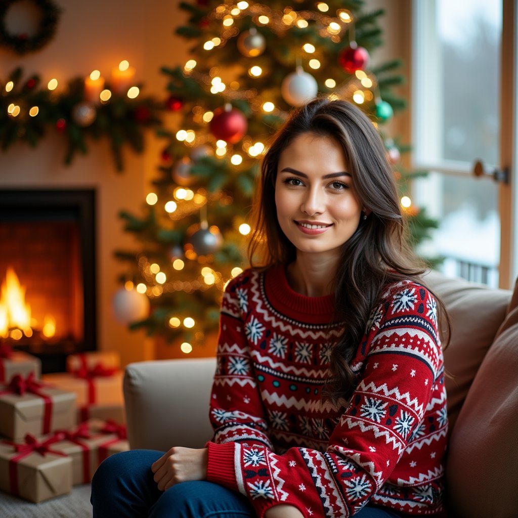 woman surrounded by her loving family, wearing a festive sweater, posing in front of a beautifully decorated Christmas tree, with colorful ornaments, twinkling lights, and sparkling tinsel, warm fireplace crackling in the background, wrapped gifts and festive decorations scattered around the room, capturing the joyous and warm atmosphere of a family Christmas celebration.