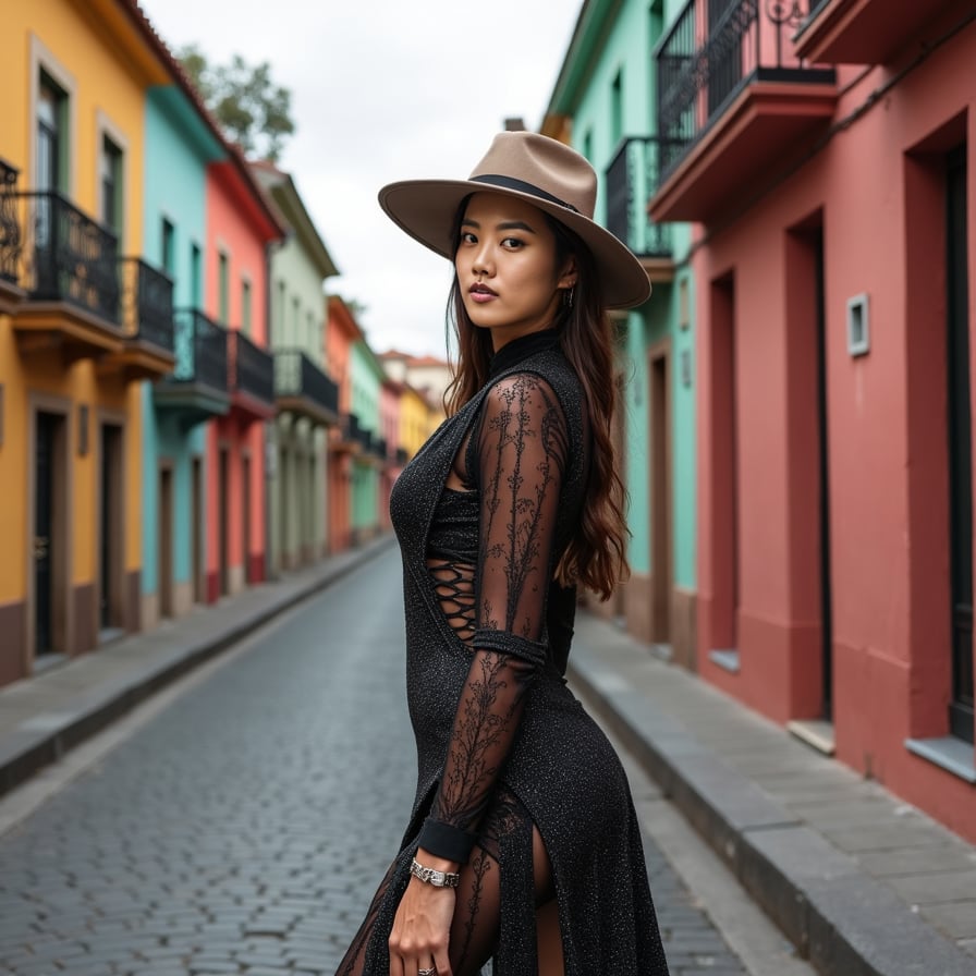 Dynamic urban explorer, bustling streets, graffiti art walls, and streetlights.