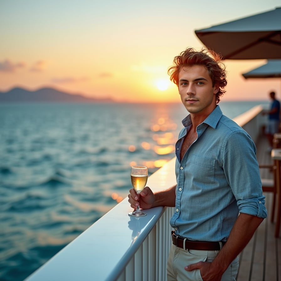 Exploring Ports: The model is dressed in a stylish yet practical colorful outfit for exploring port destinations. he’s seen walking along the quay, interacting with locals, or shopping at a portside market, capturing the adventurous and chic side of cruise travel.