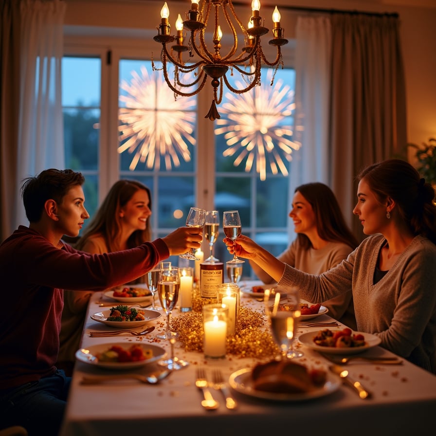 A cozy New Year’s Eve family dinner scene set in a warmly lit dining room. A beautifully decorated table with candles, golden and silver accents, festive confetti, and plates filled with delicious food. Family members are seated, clinking glasses, and sharing smiles, while a large window shows fireworks bursting in the starry night sky.