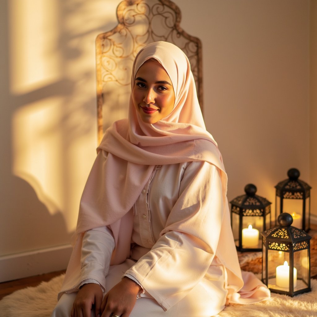 Knee-up portrait of a woman in a flowing abaya with soft pastel hues, subtle smile, surrounded by decorative lanterns in gentle golden light — inspired by Mawlid traditions