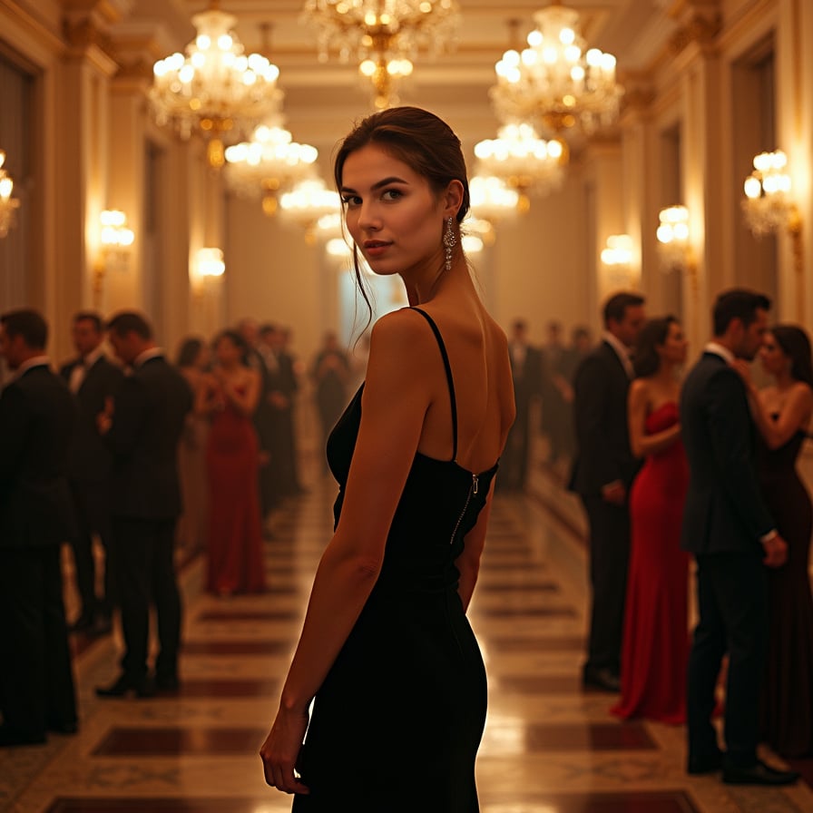A woman in a sleek, dark gown stands in the center of a grand ballroom. The chandeliers above cast a soft, golden light on her as she faces the camera with a confident, enigmatic expression. Her lipstick is a deep crimson, and her jewelry sparkles subtly in the light. Around her, elegantly dressed guests dance or engage in conversation, but they are all slightly out of focus, putting the emphasis on her. The scene evokes luxury, intrigue, and suspense, like a moment from a classic espionage thriller