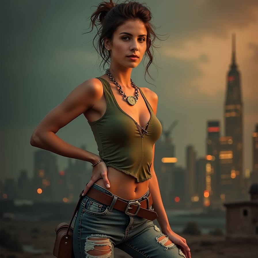 Pose: Standing with her feet shoulder-width apart, with one hand on her hip and the other holding a compass or a map.
Expression: Confident, with a hint of excitement and a sense of adventure.
Clothing: A fitted, khaki-colored tank top and a pair of distressed, high-waisted jeans, giving off a rugged, outdoorsy vibe.
Accessories: A pair of aviator sunglasses, a leather belt with a silver buckle, and a messy, undone hairstyle.
Background: A gritty, rugged background with a cityscape at night, evoking the feeling of a bustling metropolis.