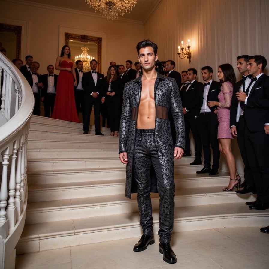 A bold Met Gala look featuring a sculpted 3D-printed chest piece, sheer floor-length skirt, and chrome-tinted body paint, pushing the edge of fashion tech