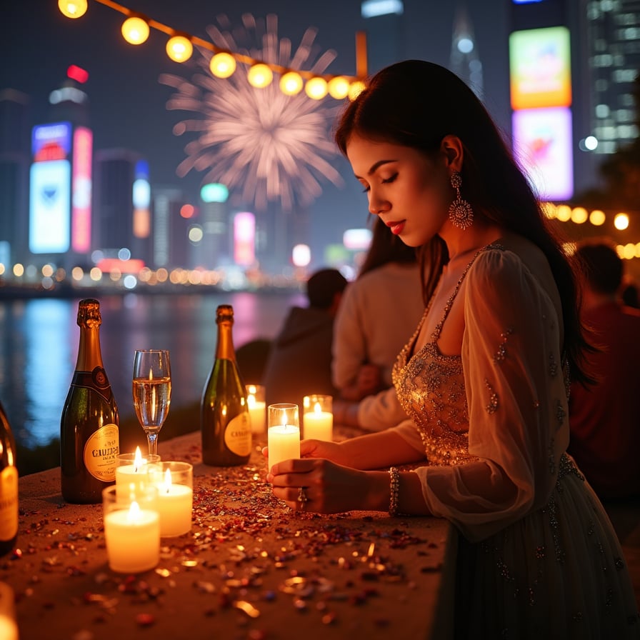A woman participating in a traditional New Year’s Eve ritual, like lighting floating candles on a river or wearing traditional attire, surrounded by family and friends