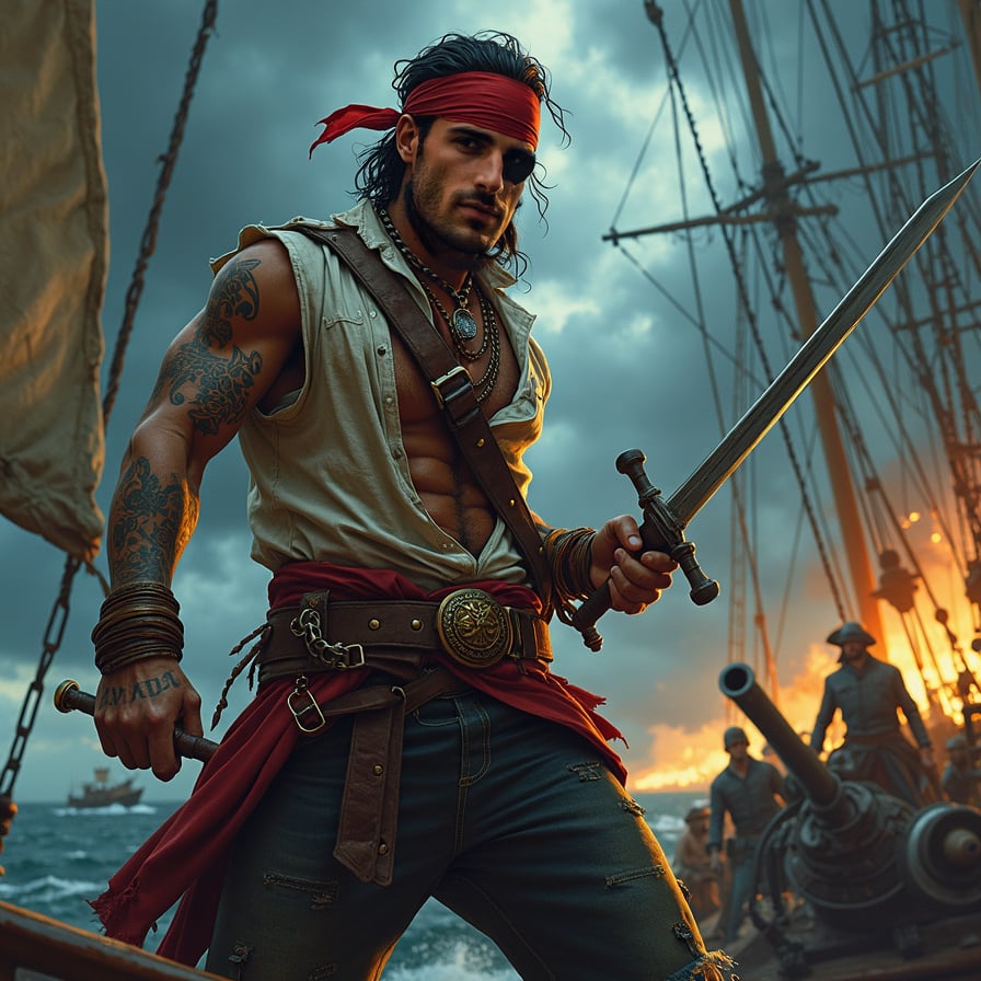man in rugged pirate attire, wielding a sword with intensity, standing on the deck of a pirate ship amidst a chaotic battle scene, with cannons and rigging in the background, under a dark and stormy sky