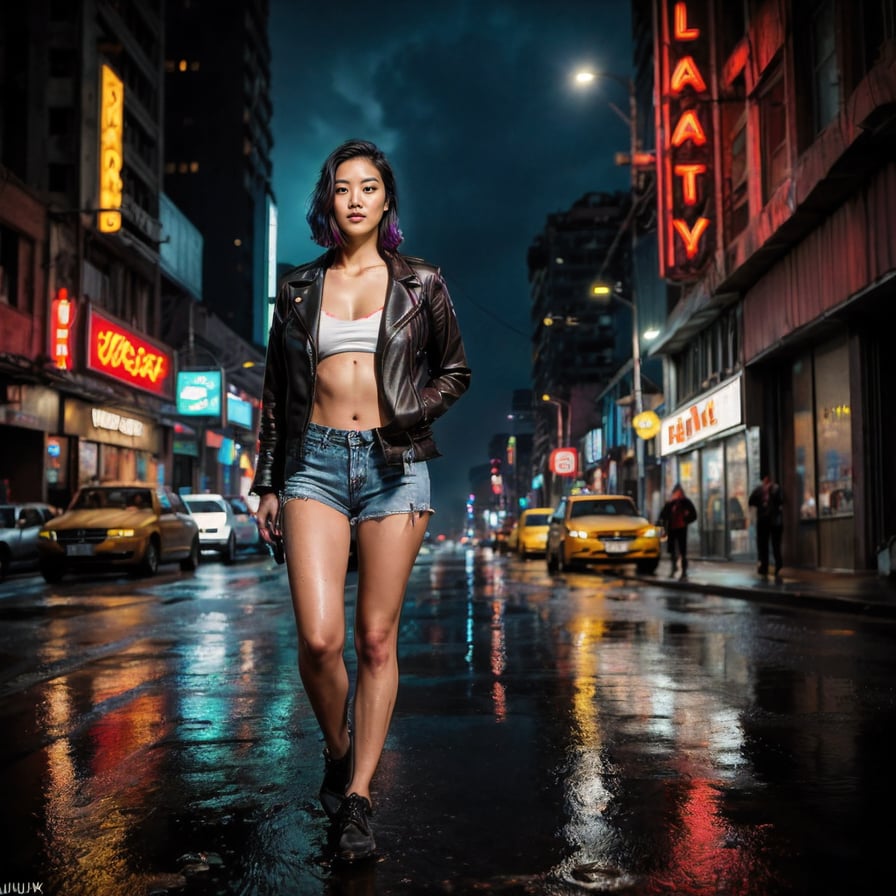 Cyber-enhanced woman, cyberpunk cityscape, neon lights, intense, cinematic.