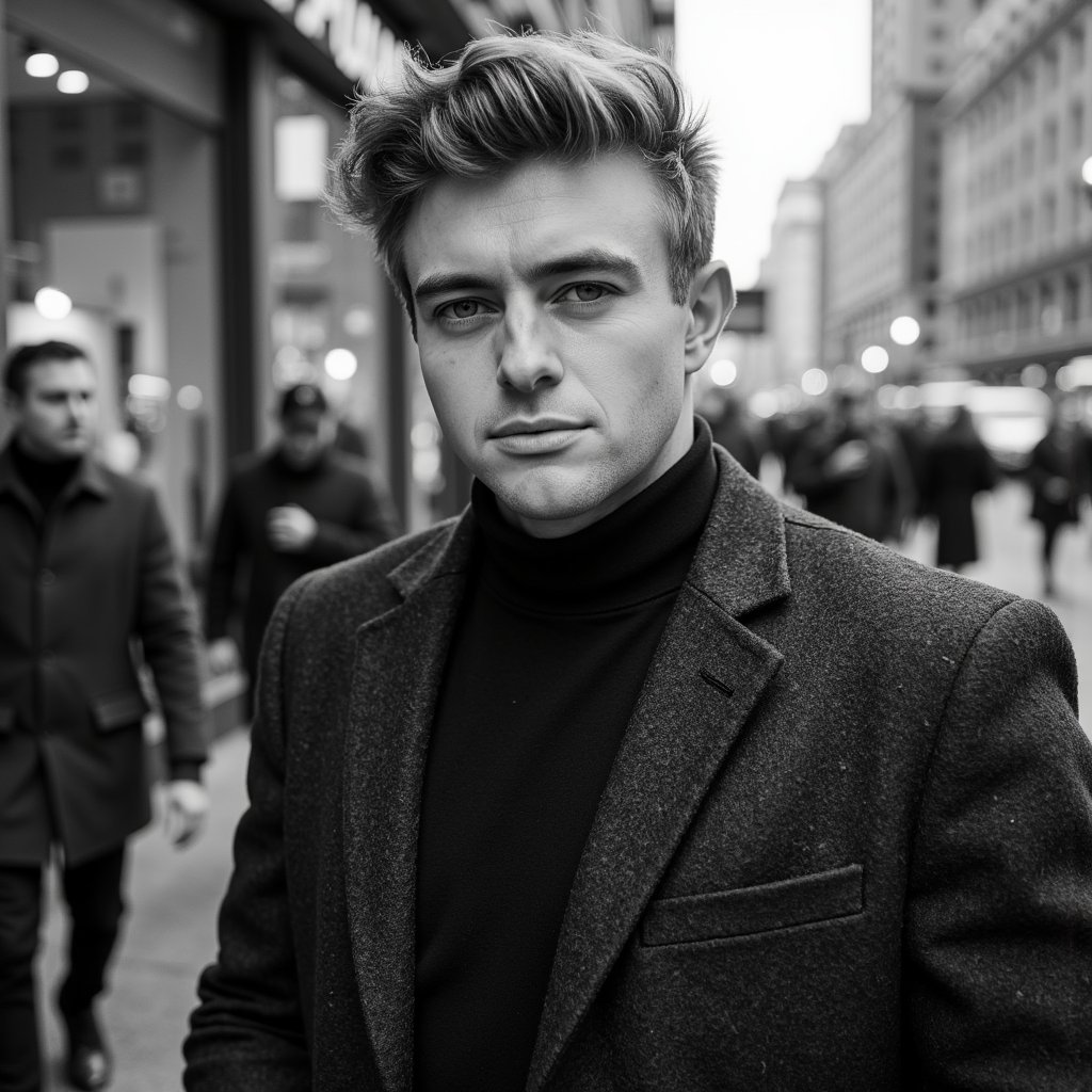 A man (male) close headshot in monochrome grayscale, evoking luxury fashion campaign tones. Hairstyle: precise fade cut; grooming: clean-shaven jawline. Attire: black turtleneck sweater under a structured wool overcoat, both highly textured under soft light. Pose: chin slightly up, direct gaze to lens; calm and stoic. Camera: 100mm macro portrait, f/2. Lighting: single diffused top-left key creating controlled shadow falloff; faint rim from opposite side. Background: seamless neutral gradient backdrop, minimal contrast clutter. Detail: visible wool fibers, catchlight reflections, subtle skin texture. Highly detailed, highly realistic, HDR grayscale, high resolution.
