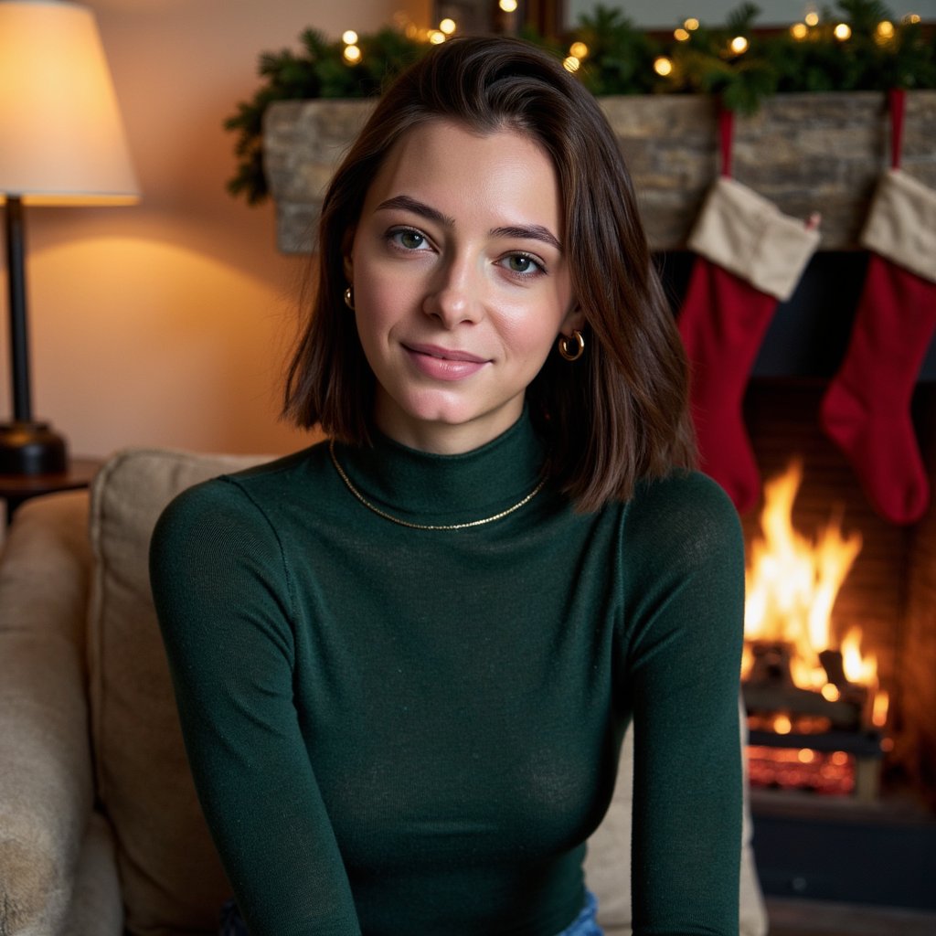 Headshot photo of a woman seated slightly angled to camera (rule-of-thirds framing, not centered), chin gently lowered, soft half-smile. She wears a deep-green cashmere turtleneck with fine ribbing and subtle pilling detail; delicate gold hoop earrings and a thin chain necklace. Hair: glossy loose waves tucked behind one ear. Makeup: warm neutral tones, soft brown liner, dewy skin, subtle highlight on cheekbones. Lighting: warm firelight key from camera-left, dim practicals in background, gentle rim light from a table lamp to separate hair from backdrop. Background: stone fireplace with a discreet garland and two matte red stockings, minimal clutter, soft bokeh fairy lights; shallow depth of field. Camera: 85mm lens, f/1.8, eye-level; highly detailed, highly realistic, HDR; skin texture natural, knits show thread grain; no motion, serene, editorial quality.