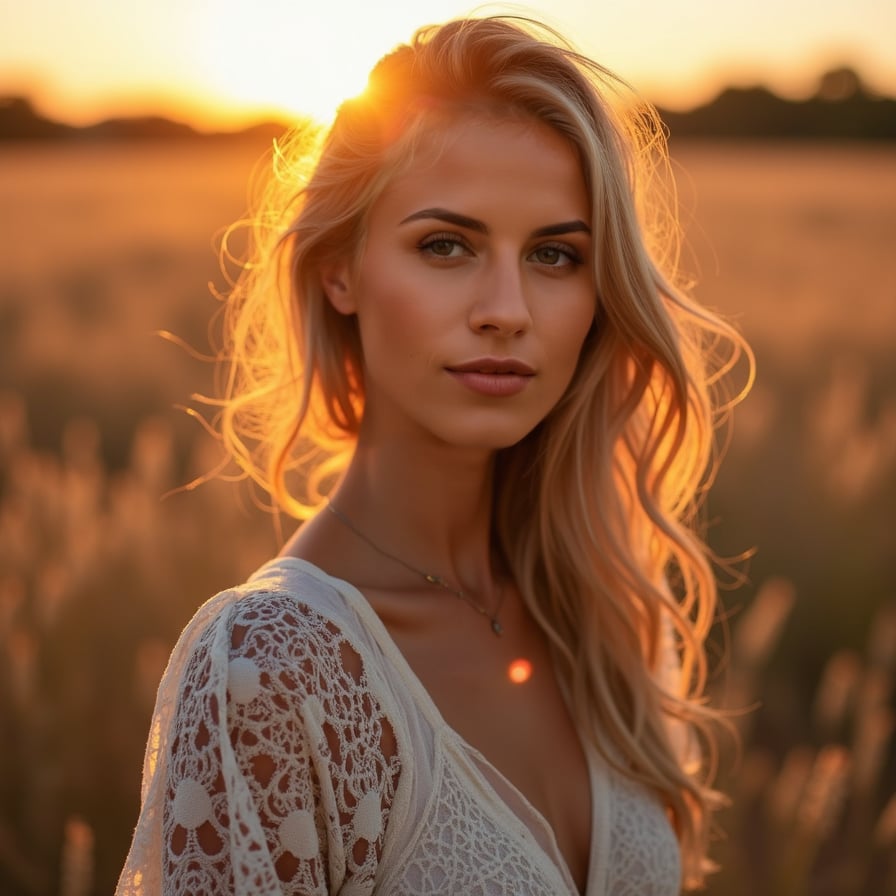 woman standing in a field at sunset, with golden light highlighting her features. She is wearing a flowy dress or casual chic outfit, her hair lightly tousled by the breeze. Her expression is soft and inviting, perfect for a romantic dating profile vibe