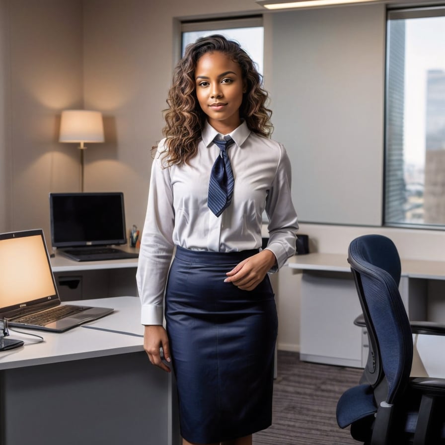 woman in a tailored navy blue suit, crisp white dress shirt, and patterned tie, standing confidently in a modern office setting, warm lighting, slight smile.
