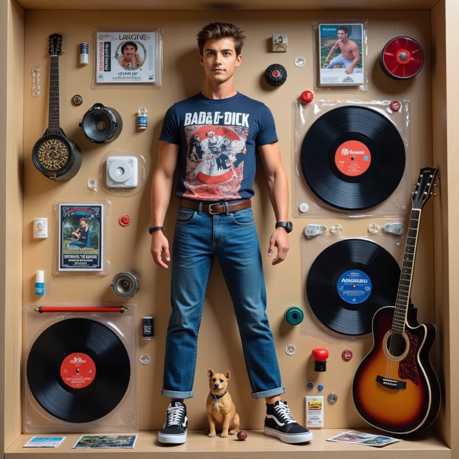 Wearing a vintage band tee and jeans, this figure lounges next to vinyl records, a guitar, headphones, and a record player. Posters line the packaging.