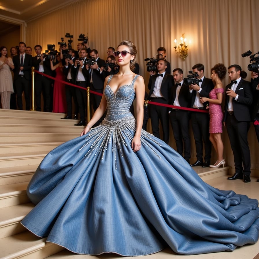 A Y2K revival Met Gala look: rhinestone-studded denim gown, bedazzled flip phone handbag, and metallic pink sunglasses, blending nostalgia and glam