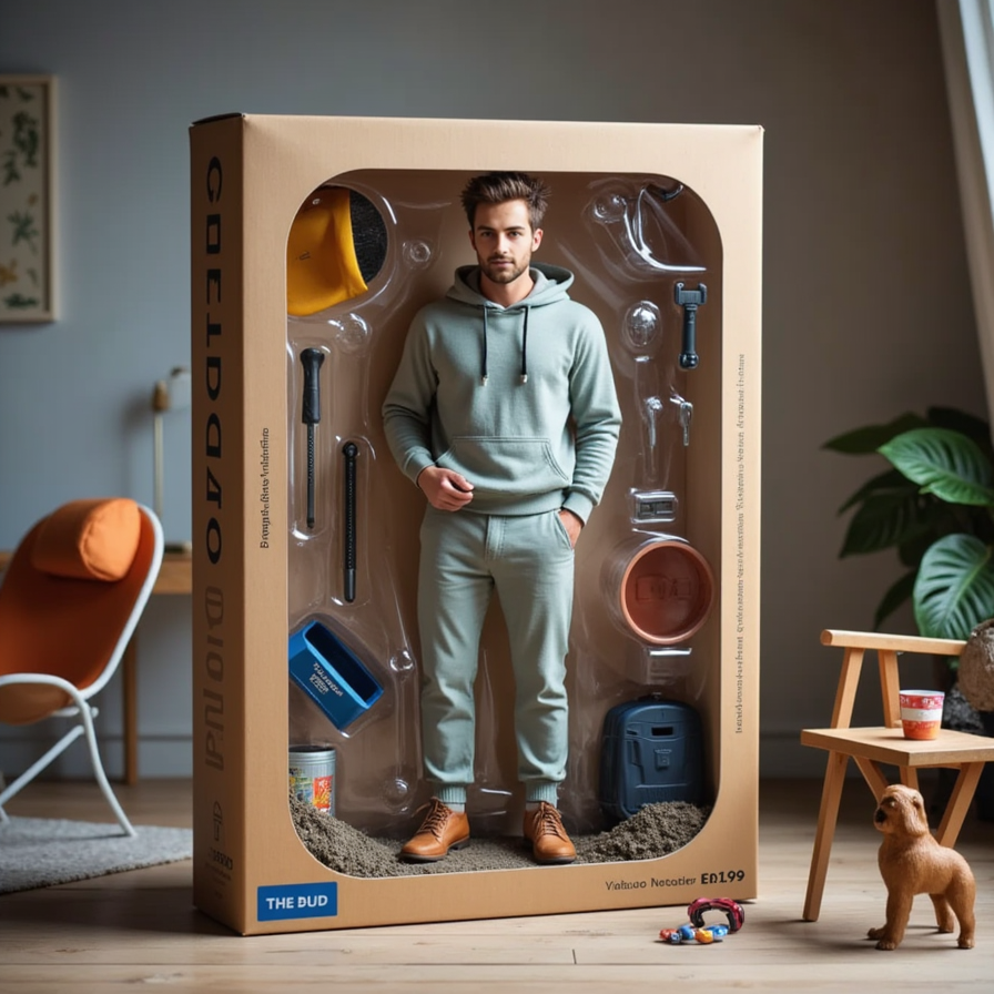 Man in joggers and hoodie, standing next to a lawn chair, toolbox, and pet figur