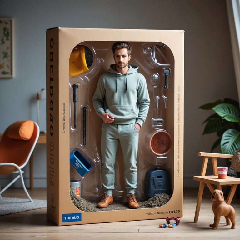 Man in joggers and hoodie, standing next to a lawn chair, toolbox, and pet figur