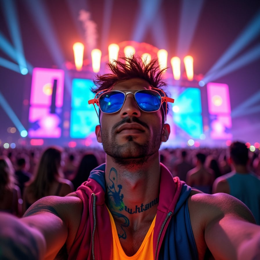 A young man facing the camera at a vibrant music festival, smiling with excitement. He wears neon festival attire, including glowing accessories and futuristic sunglasses, with a colorful crowd and massive, LED-lit stage behind him. Laser beams and fireworks light up the night sky, creating an atmosphere of energy and celebration