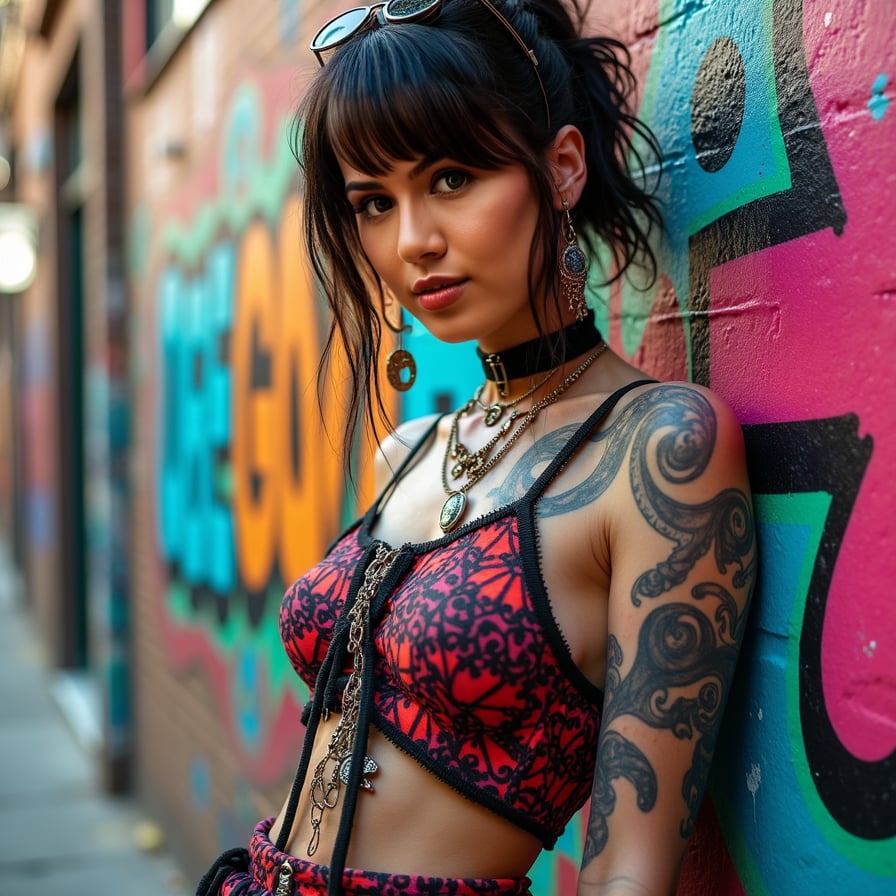 woman in a vibrant, eclectic street style dress with bold prints and bright colors, statement accessories, posing confidently against a gritty urban backdrop with graffiti-covered walls and trendy street art.
