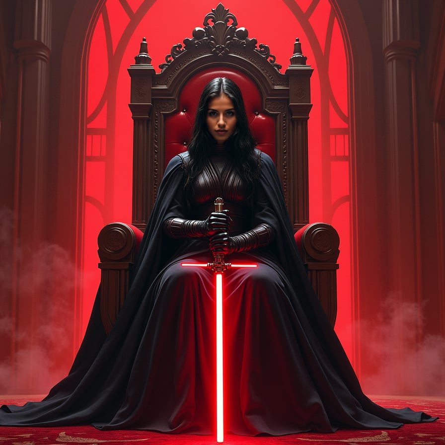 A powerful female Sith sits on a throne, facing the camera with a fierce and intense gaze. The shadows around her are illuminated by her red lightsaber, which she holds across her lap. Her dark armor and the ominous, red-lit chamber create an intimidating atmosphere.
