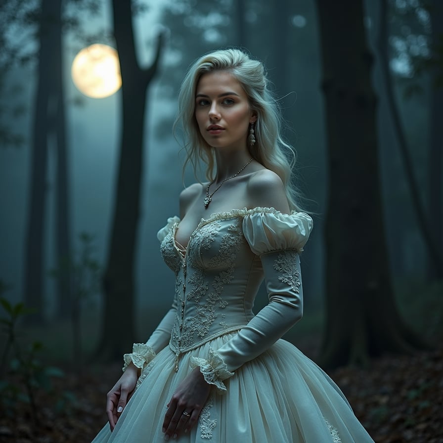 woman with porcelain skin and dark eyeliner, donning a luxurious Victorian-era inspired gown with intricate lace details, posing in a dimly lit, mysterious forest setting with subtle mist, under the soft glow of a full moon
