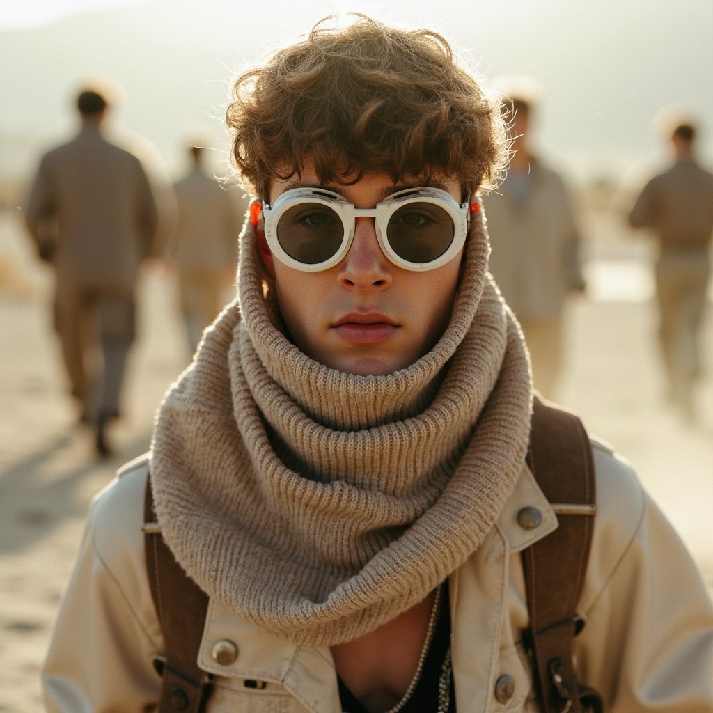 Knee-up portrait of a man in steampunk desertwear, layered fabrics and goggles, confident stance, haze in background, Burning Man 2025 theme