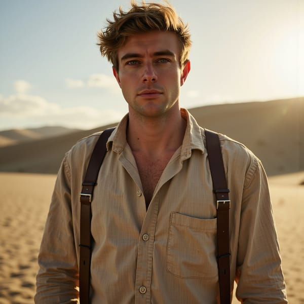 A cinematic portrait of a man (early 30s) in a vast desert at sunrise, waist-up framing, camera at eye level with a slight three-quarter turn of the shoulders. He has short textured hair slightly messy from wind, trimmed stubble, realistic sunlit skin with fine pores and subtle dryness near lips, focused expression with squint from light. Wardrobe: sand-colored linen shirt partially unbuttoned, fabric weave clearly visible, light wrinkles, a thin leather strap across shoulder. Lighting: golden sunrise key light from low horizon, soft shadows across cheekbones, gentle fill bounced from sand, faint dust particles in the air catching light. Background: smooth dunes with soft leading lines, distant ridge slightly blurred, clean sky gradient, no objects. Camera: 50mm lens, f/2.2, moderate depth of field, crisp face, gentle background blur, cinematic contrast. Highly detailed, highly realistic, HDR quality, cinematic realism, minimal clutter, subtle filmic tones.